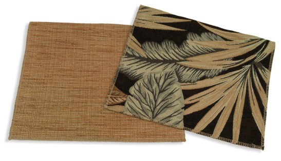 The sofa swatch is on the left, while the printed swatch is the fabric for the accent pillows.