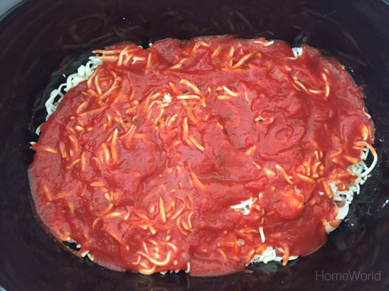 Now repeat all the layers again: sauce, noodles, ricotta, mushrooms, beef, 