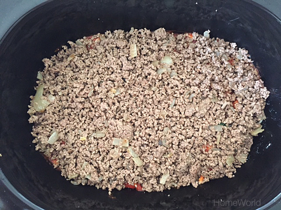 Oops. Almost forgot to add the hamburger. My hamburger was dry since I rendered the fat. Next time, I would add a can of tomato paste to the beef.