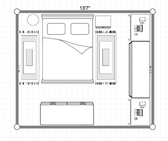 Choose two narrow area rugs instead of one large one for the bedroom.