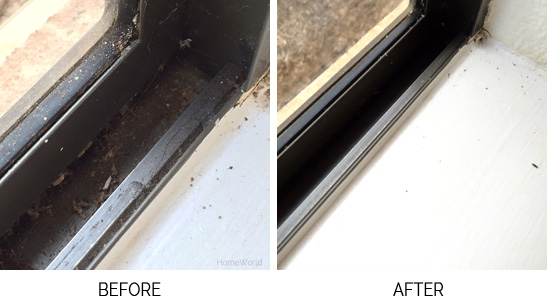 dirty window and clean window before and after window tracks household cleaning