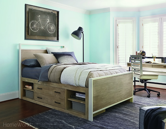 #myRoom full size panel bed has generous base storage for easy organization.