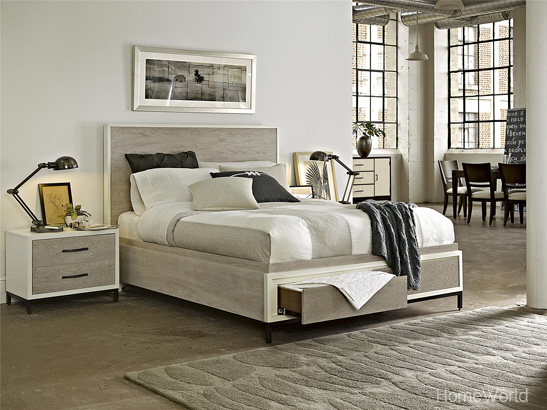 Spencer queen size bed has hidden storage in the footboard for a clean look.